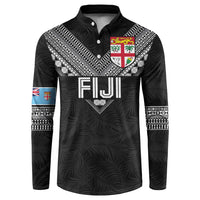 Custom Rugby Fiji Button Sweatshirt Fijian Masi Tribal Sporty Style Black Color - Polynesian Pride