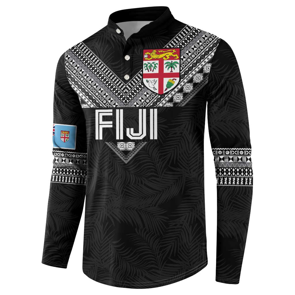Custom Rugby Fiji Button Sweatshirt Fijian Masi Tribal Sporty Style Black Color - Polynesian Pride