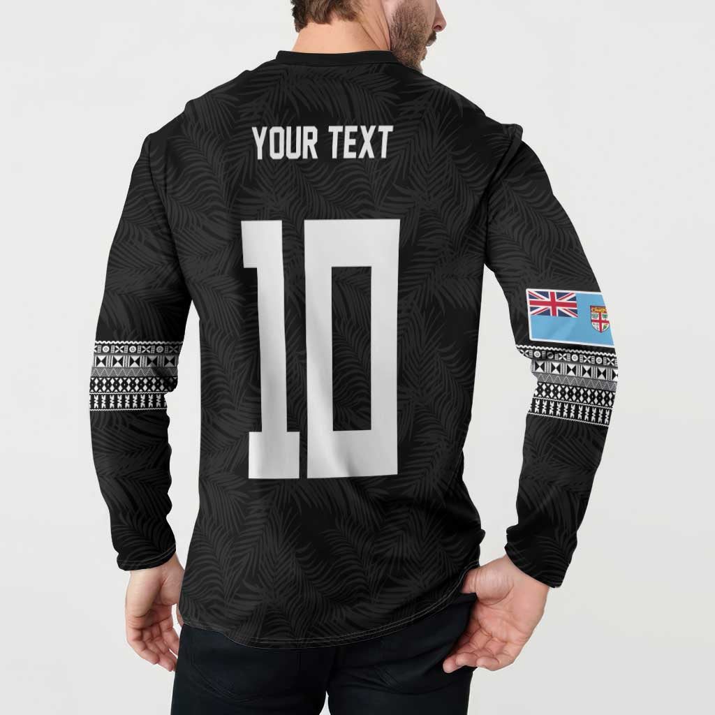 Custom Rugby Fiji Button Sweatshirt Fijian Masi Tribal Sporty Style Black Color - Polynesian Pride