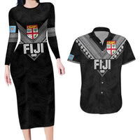 Custom Rugby Fiji Couples Matching Long Sleeve Bodycon Dress and Hawaiian Shirt Fijian Masi Tribal Sporty Style Black Color LT03 Black - Polynesian Pride