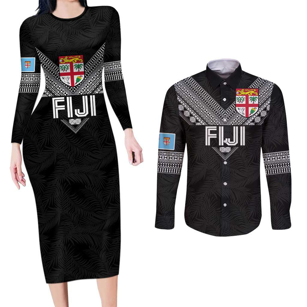 Custom Rugby Fiji Couples Matching Long Sleeve Bodycon Dress and Long Sleeve Button Shirt Fijian Masi Tribal Sporty Style Black Color LT03 Black - Polynesian Pride