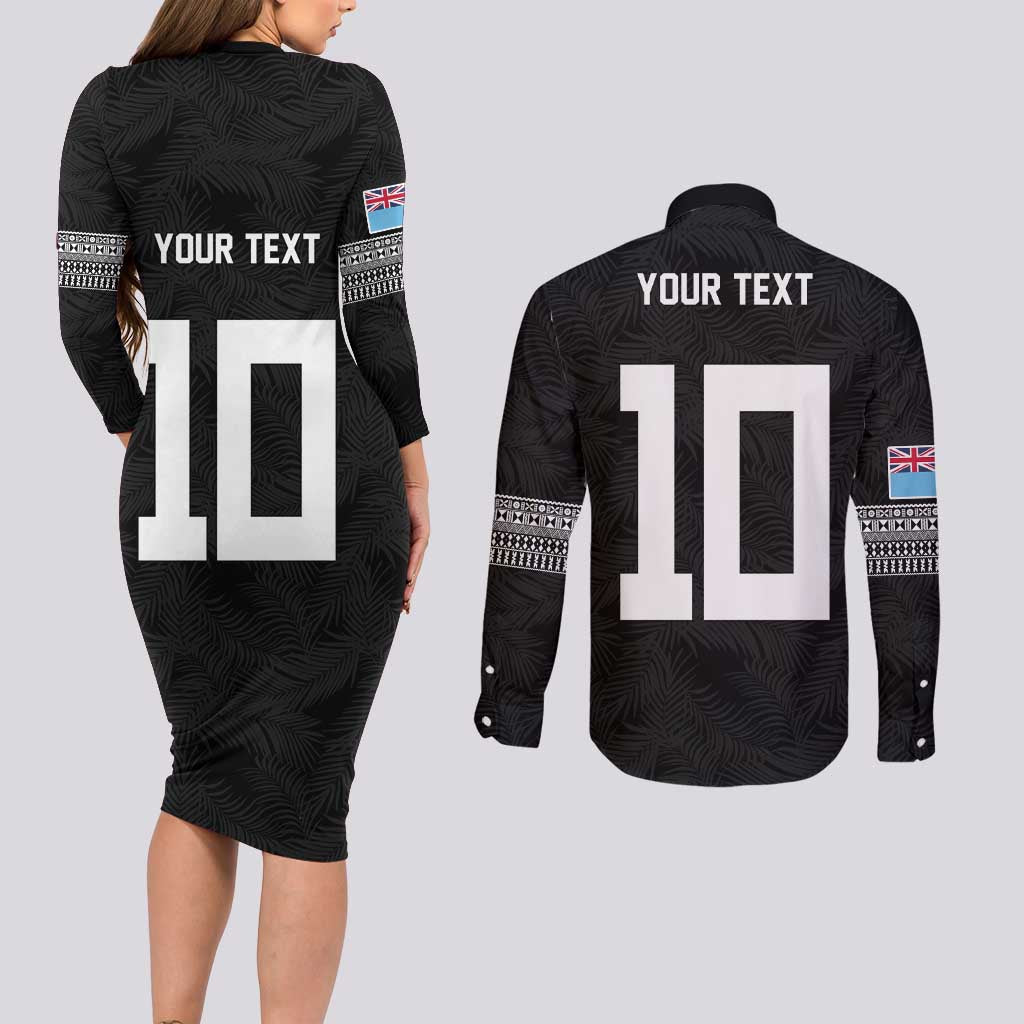 Custom Rugby Fiji Couples Matching Long Sleeve Bodycon Dress and Long Sleeve Button Shirt Fijian Masi Tribal Sporty Style Black Color LT03 - Polynesian Pride