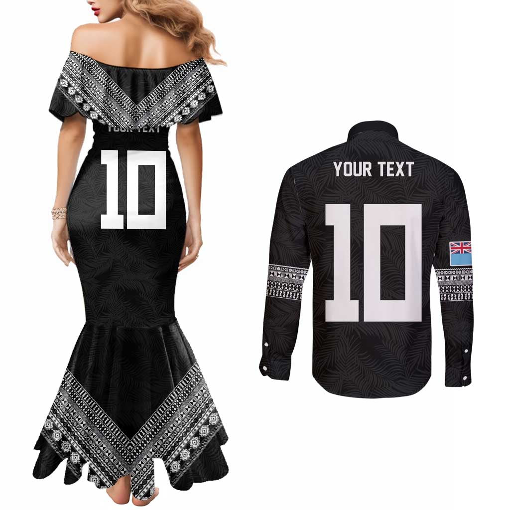 Custom Rugby Fiji Couples Matching Mermaid Dress and Long Sleeve Button Shirt Fijian Masi Tribal Sporty Style Black Color LT03 - Polynesian Pride