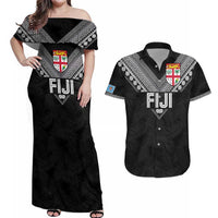 Custom Rugby Fiji Couples Matching Off Shoulder Maxi Dress and Hawaiian Shirt Fijian Masi Tribal Sporty Style Black Color LT03 Black - Polynesian Pride