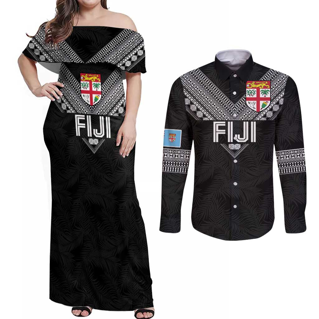 Custom Rugby Fiji Couples Matching Off Shoulder Maxi Dress and Long Sleeve Button Shirt Fijian Masi Tribal Sporty Style Black Color LT03 Black - Polynesian Pride