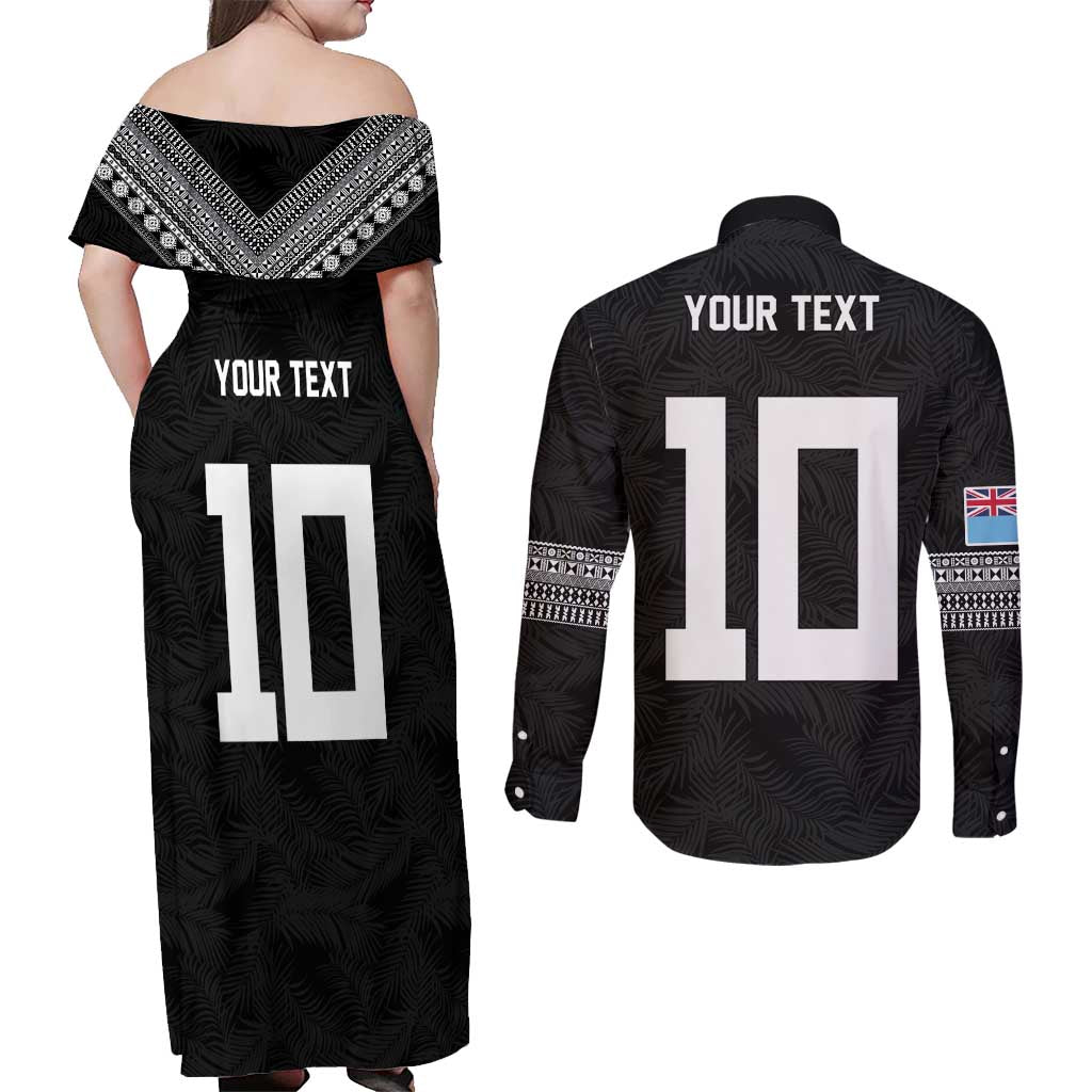 Custom Rugby Fiji Couples Matching Off Shoulder Maxi Dress and Long Sleeve Button Shirt Fijian Masi Tribal Sporty Style Black Color LT03 - Polynesian Pride