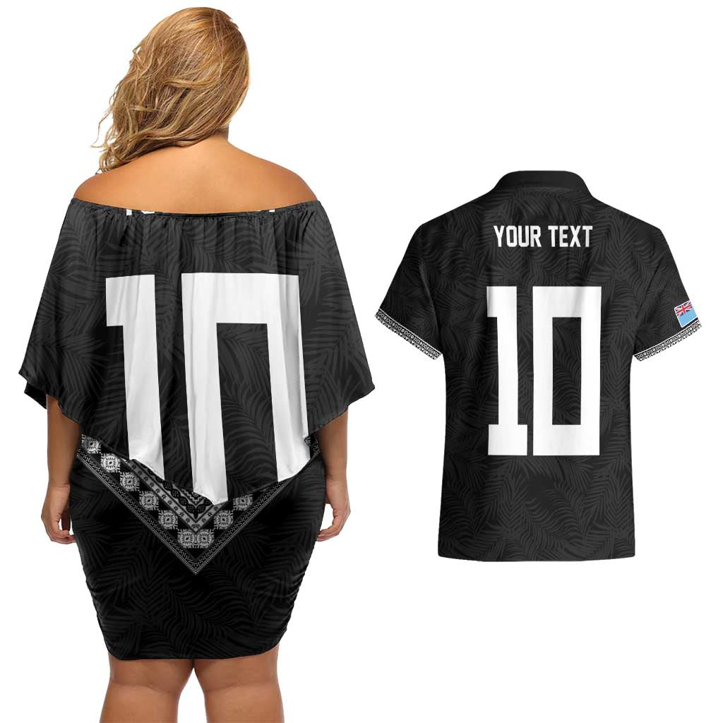 Custom Rugby Fiji Couples Matching Off Shoulder Short Dress and Hawaiian Shirt Fijian Masi Tribal Sporty Style Black Color LT03 - Polynesian Pride