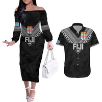 Custom Rugby Fiji Couples Matching Off The Shoulder Long Sleeve Dress and Hawaiian Shirt Fijian Masi Tribal Sporty Style Black Color LT03 Black - Polynesian Pride
