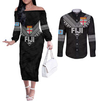 Custom Rugby Fiji Couples Matching Off The Shoulder Long Sleeve Dress and Long Sleeve Button Shirt Fijian Masi Tribal Sporty Style Black Color LT03 Black - Polynesian Pride