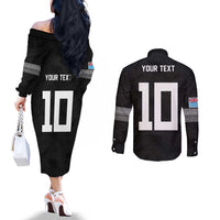 Custom Rugby Fiji Couples Matching Off The Shoulder Long Sleeve Dress and Long Sleeve Button Shirt Fijian Masi Tribal Sporty Style Black Color LT03 - Polynesian Pride
