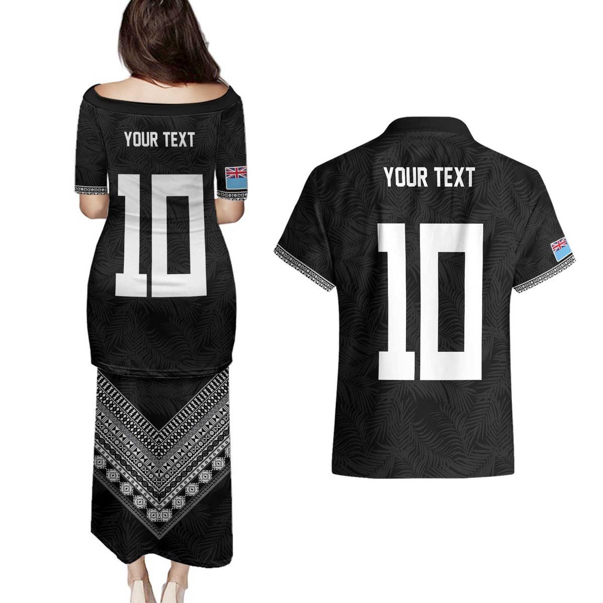 Custom Rugby Fiji Couples Matching Puletasi and Hawaiian Shirt Fijian Masi Tribal Sporty Style Black Color - Polynesian Pride