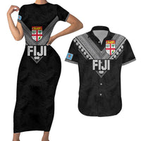 Custom Rugby Fiji Couples Matching Short Sleeve Bodycon Dress and Hawaiian Shirt Fijian Masi Tribal Sporty Style Black Color LT03 Black - Polynesian Pride