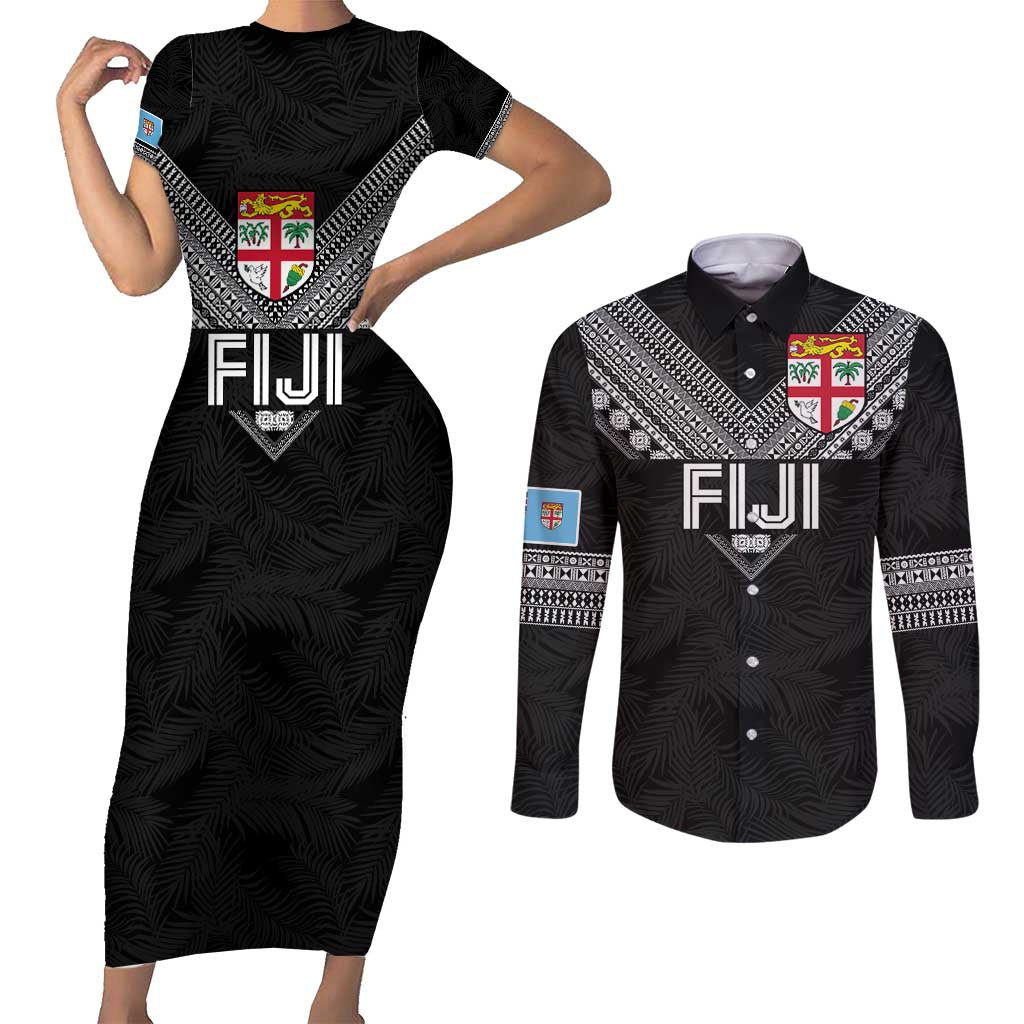 Custom Rugby Fiji Couples Matching Short Sleeve Bodycon Dress and Long Sleeve Button Shirt Fijian Masi Tribal Sporty Style Black Color LT03 Black - Polynesian Pride