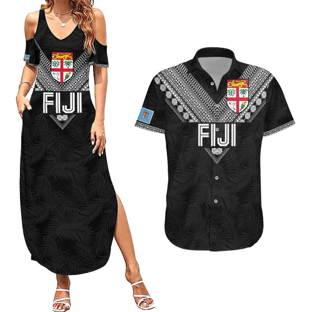 Custom Rugby Fiji Couples Matching Summer Maxi Dress and Hawaiian Shirt Fijian Masi Tribal Sporty Style Black Color LT03 Black - Polynesian Pride
