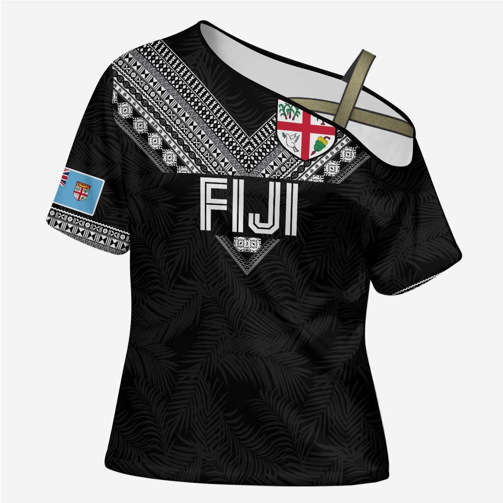 Custom Rugby Fiji Cross Shoulder Shirt Fijian Masi Tribal Sporty Style Black Color LT03 Female Black - Polynesian Pride