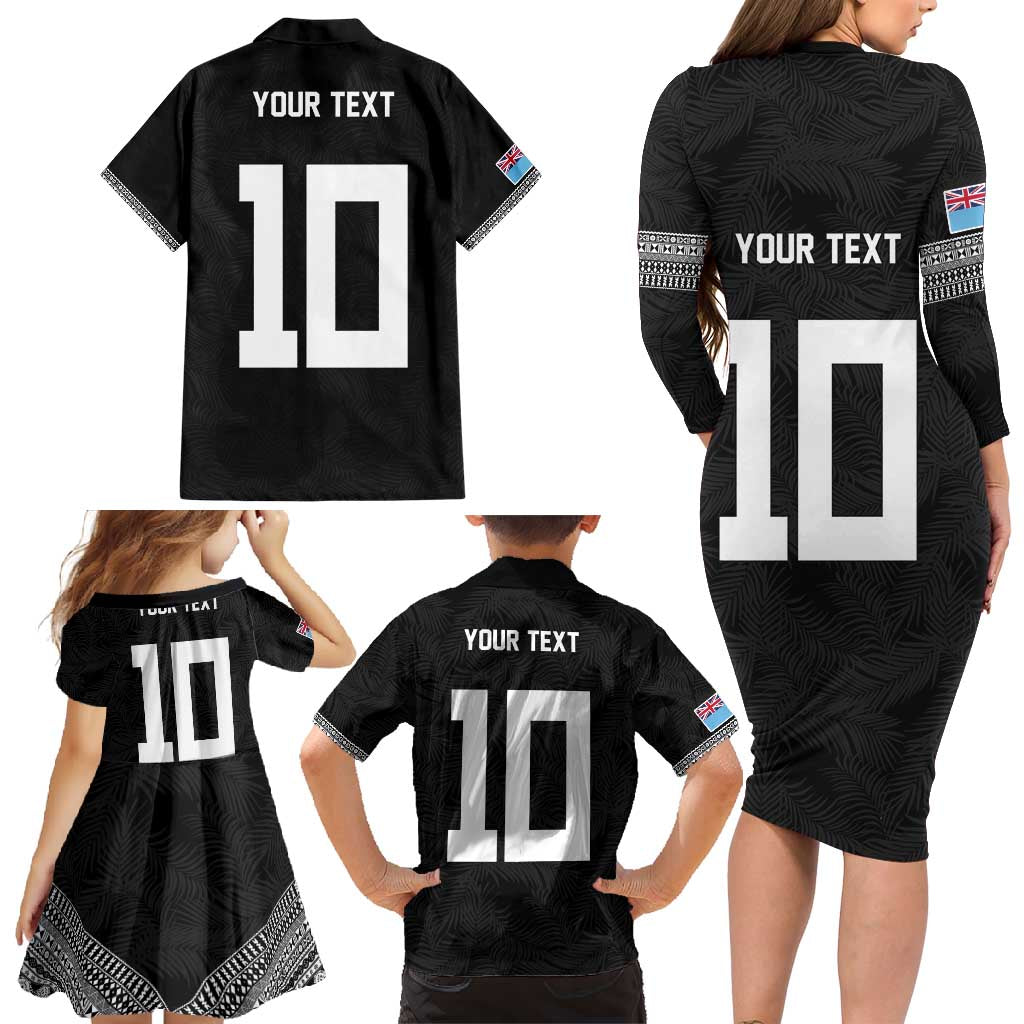 Custom Rugby Fiji Family Matching Long Sleeve Bodycon Dress and Hawaiian Shirt Fijian Masi Tribal Sporty Style Black Color LT03 - Polynesian Pride