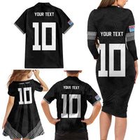 Custom Rugby Fiji Family Matching Long Sleeve Bodycon Dress and Hawaiian Shirt Fijian Masi Tribal Sporty Style Black Color LT03 - Polynesian Pride