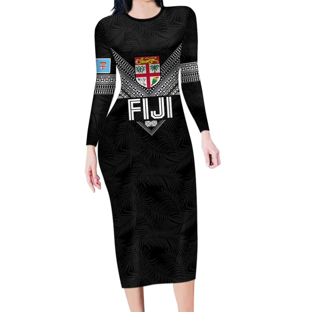 Custom Rugby Fiji Family Matching Long Sleeve Bodycon Dress and Hawaiian Shirt Fijian Masi Tribal Sporty Style Black Color LT03 Mom's Dress Black - Polynesian Pride
