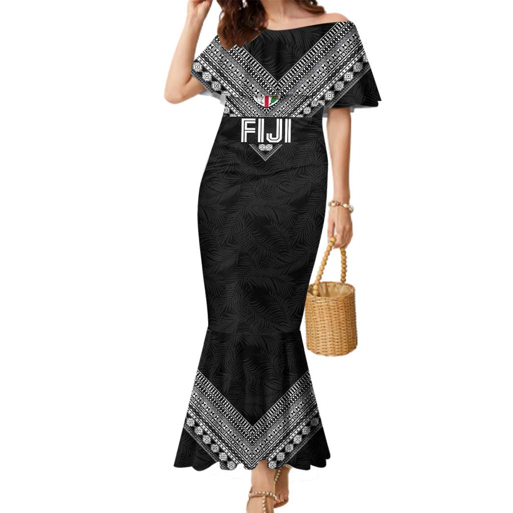 Custom Rugby Fiji Family Matching Mermaid Dress and Hawaiian Shirt Fijian Masi Tribal Sporty Style Black Color LT03 Mom's Dress Black - Polynesian Pride