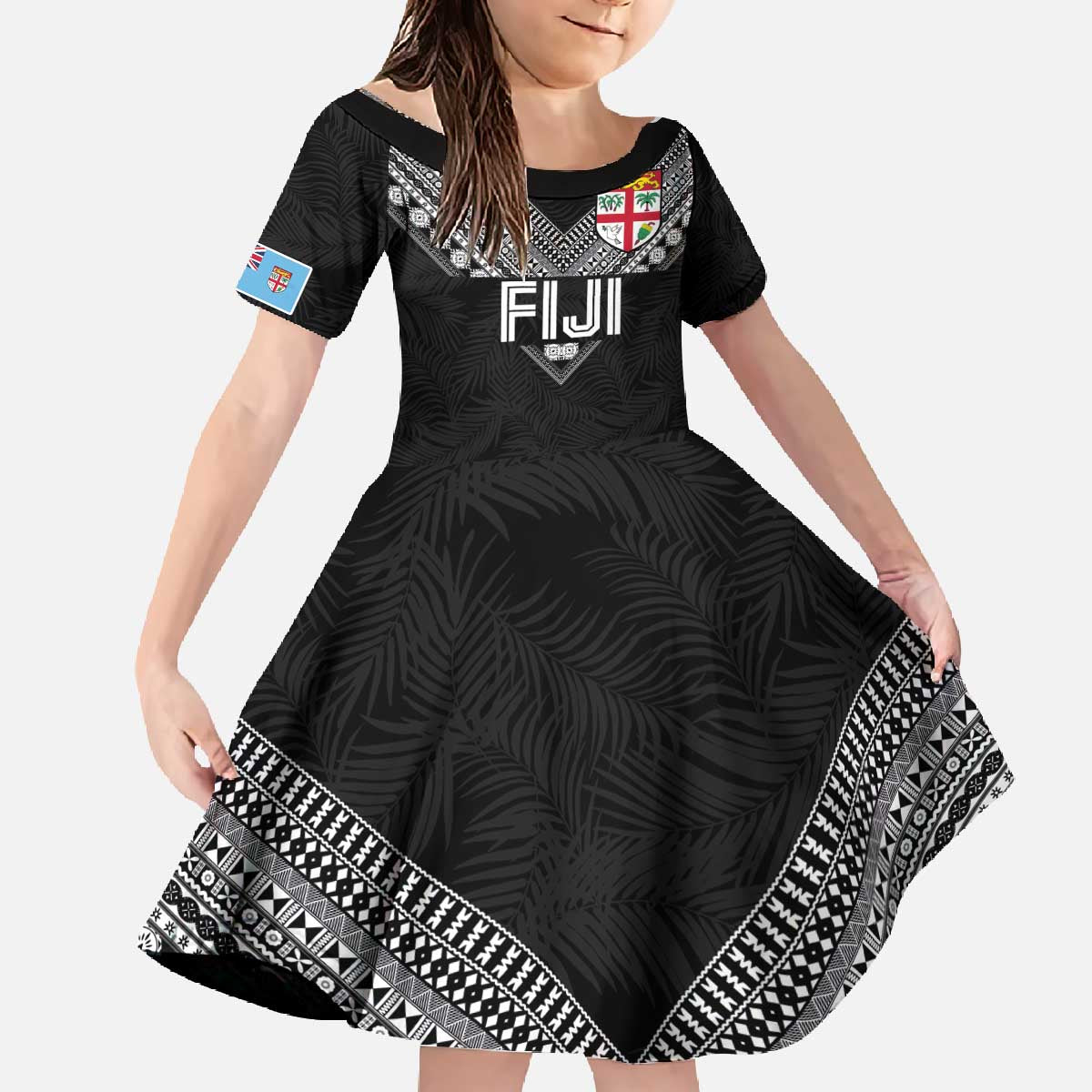 Custom Rugby Fiji Family Matching Off The Shoulder Long Sleeve Dress and Hawaiian Shirt Fijian Masi Tribal Sporty Style Black Color LT03 Daughter's Dress Black - Polynesian Pride