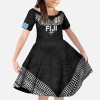 Custom Rugby Fiji Family Matching Off The Shoulder Long Sleeve Dress and Hawaiian Shirt Fijian Masi Tribal Sporty Style Black Color LT03 Daughter's Dress Black - Polynesian Pride