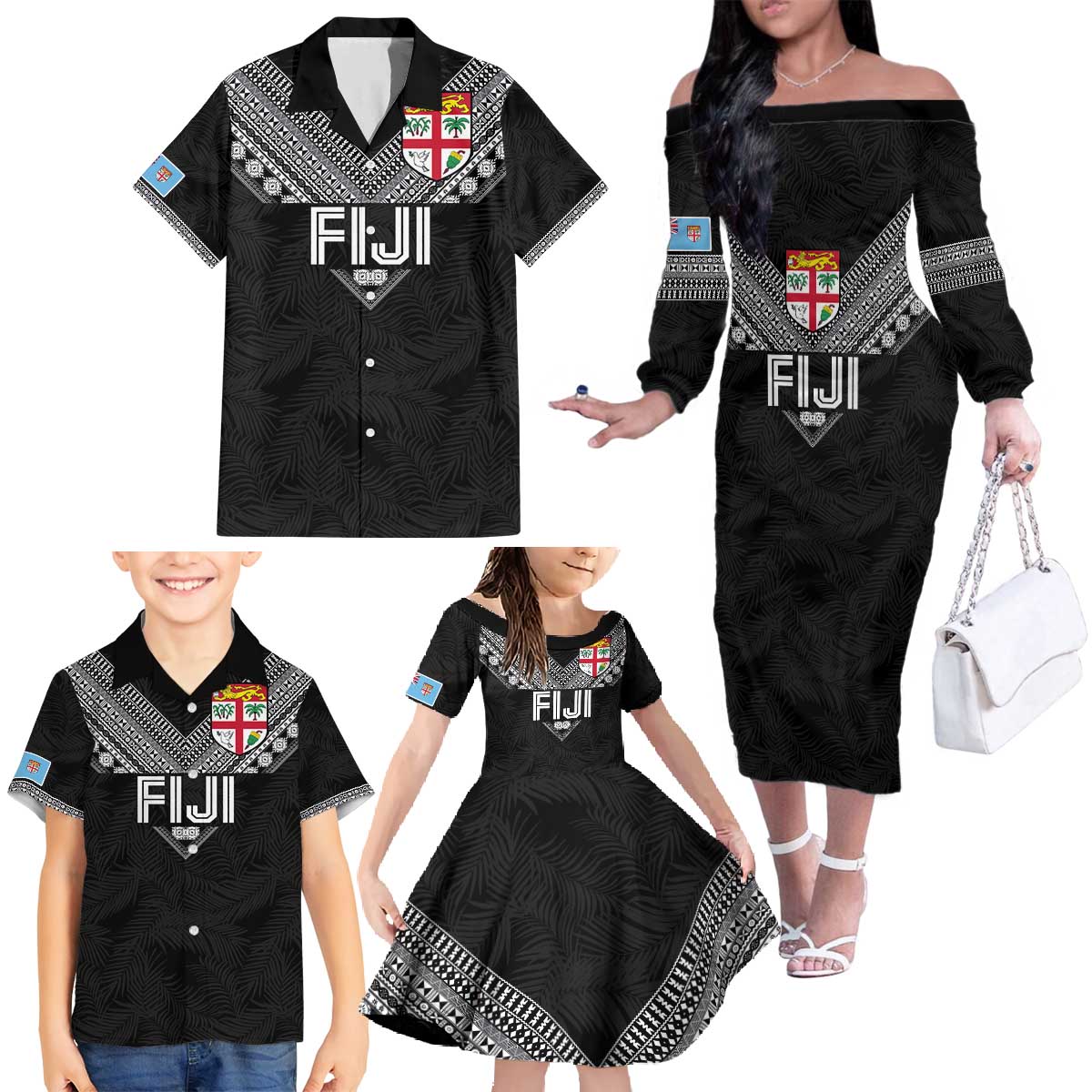 Custom Rugby Fiji Family Matching Off The Shoulder Long Sleeve Dress and Hawaiian Shirt Fijian Masi Tribal Sporty Style Black Color LT03 - Polynesian Pride