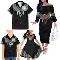 Custom Rugby Fiji Family Matching Off The Shoulder Long Sleeve Dress and Hawaiian Shirt Fijian Masi Tribal Sporty Style Black Color LT03 - Polynesian Pride