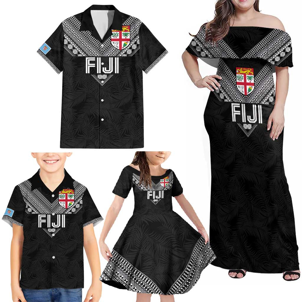 Custom Rugby Fiji Family Matching Off Shoulder Maxi Dress and Hawaiian Shirt Fijian Masi Tribal Sporty Style Black Color LT03 - Polynesian Pride