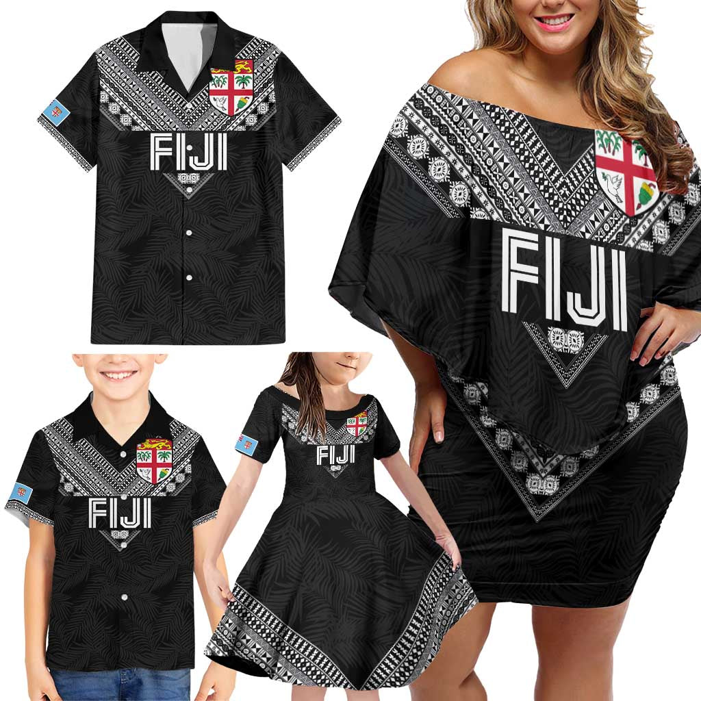 Custom Rugby Fiji Family Matching Off Shoulder Short Dress and Hawaiian Shirt Fijian Masi Tribal Sporty Style Black Color - Polynesian Pride