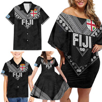 Custom Rugby Fiji Family Matching Off Shoulder Short Dress and Hawaiian Shirt Fijian Masi Tribal Sporty Style Black Color LT03 - Polynesian Pride