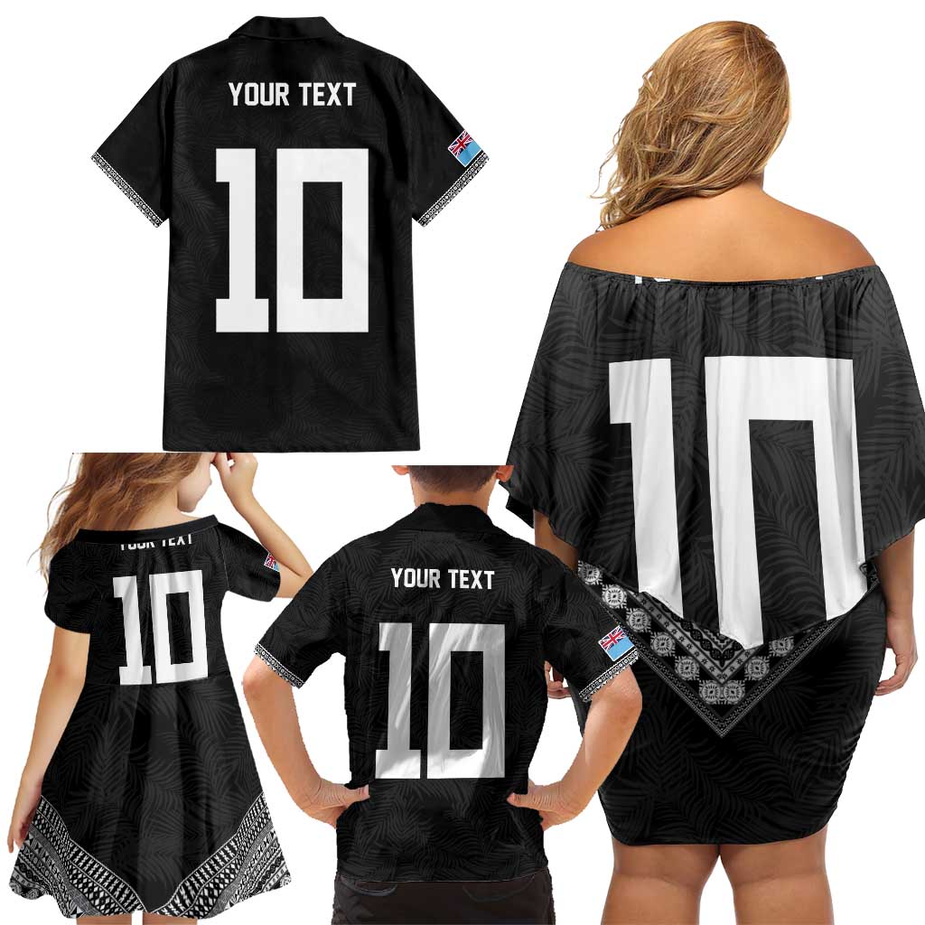 Custom Rugby Fiji Family Matching Off Shoulder Short Dress and Hawaiian Shirt Fijian Masi Tribal Sporty Style Black Color LT03 - Polynesian Pride