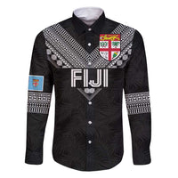 Custom Rugby Fiji Family Matching Off Shoulder Short Dress and Hawaiian Shirt Fijian Masi Tribal Sporty Style Black Color LT03 Dad's Shirt - Long Sleeve Black - Polynesian Pride