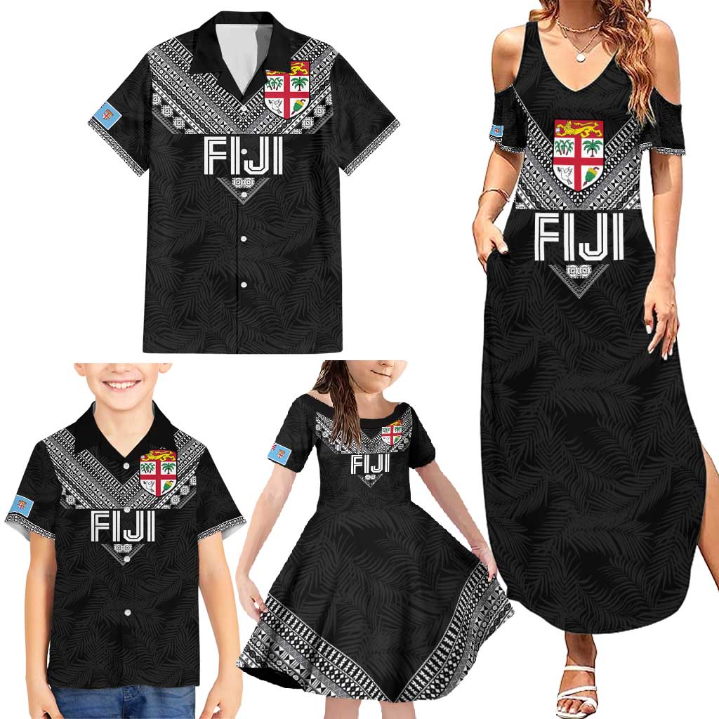 Custom Rugby Fiji Family Matching Summer Maxi Dress and Hawaiian Shirt Fijian Masi Tribal Sporty Style Black Color LT03 - Polynesian Pride