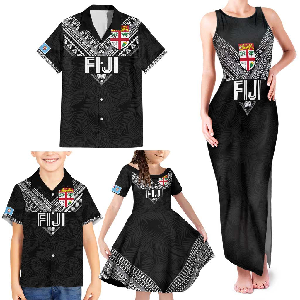 Custom Rugby Fiji Family Matching Tank Maxi Dress and Hawaiian Shirt Fijian Masi Tribal Sporty Style Black Color LT03 - Polynesian Pride