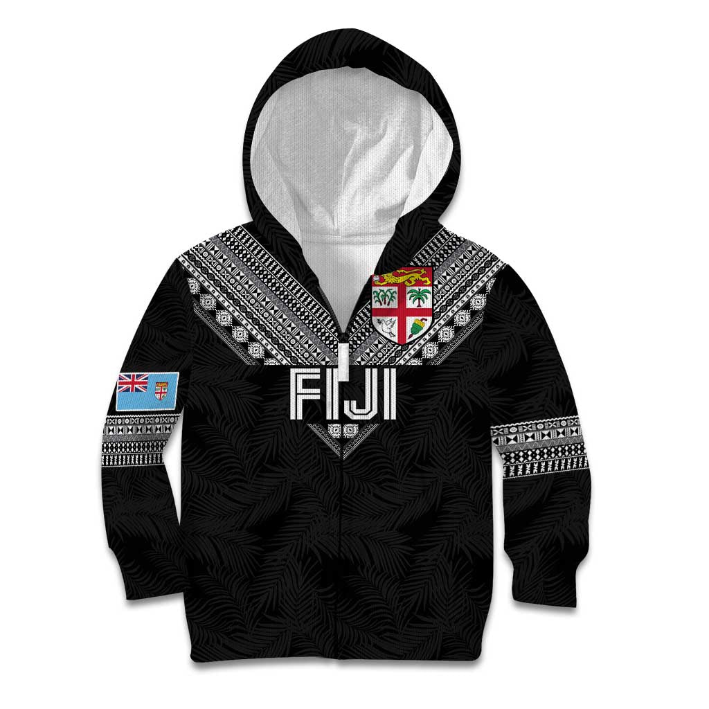 Custom Rugby Fiji Kid Hoodie Fijian Masi Tribal Sporty Style Black Color LT03 Zip Hoodie Black - Polynesian Pride
