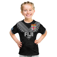 Custom Rugby Fiji Kid T Shirt Fijian Masi Tribal Sporty Style Black Color LT03 Black - Polynesian Pride