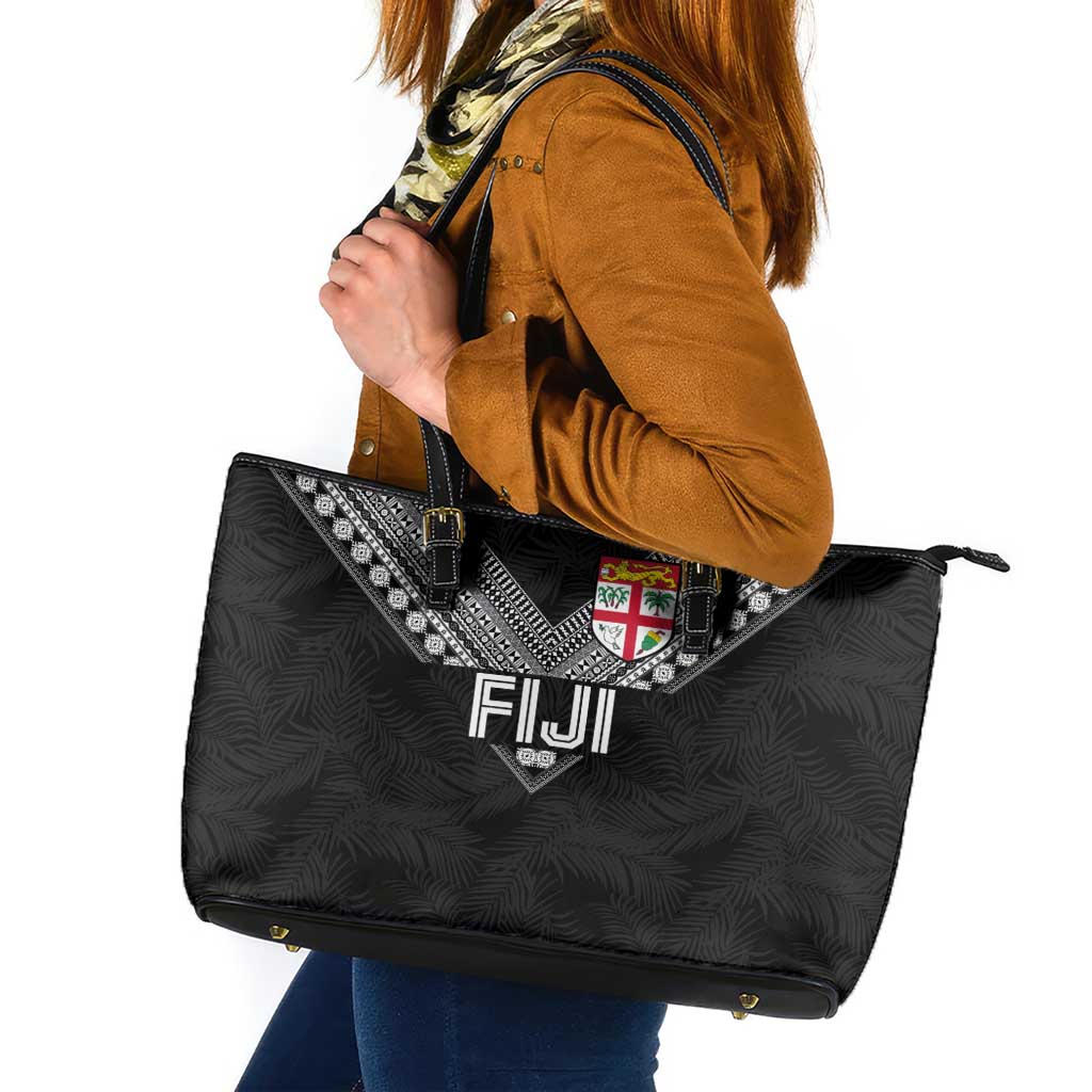 Rugby Fiji Leather Tote Bag Fijian Masi Tribal Sporty Style Black Color - Polynesian Pride