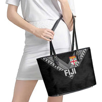 Rugby Fiji Leather Tote Bag Fijian Masi Tribal Sporty Style Black Color LT03 - Polynesian Pride
