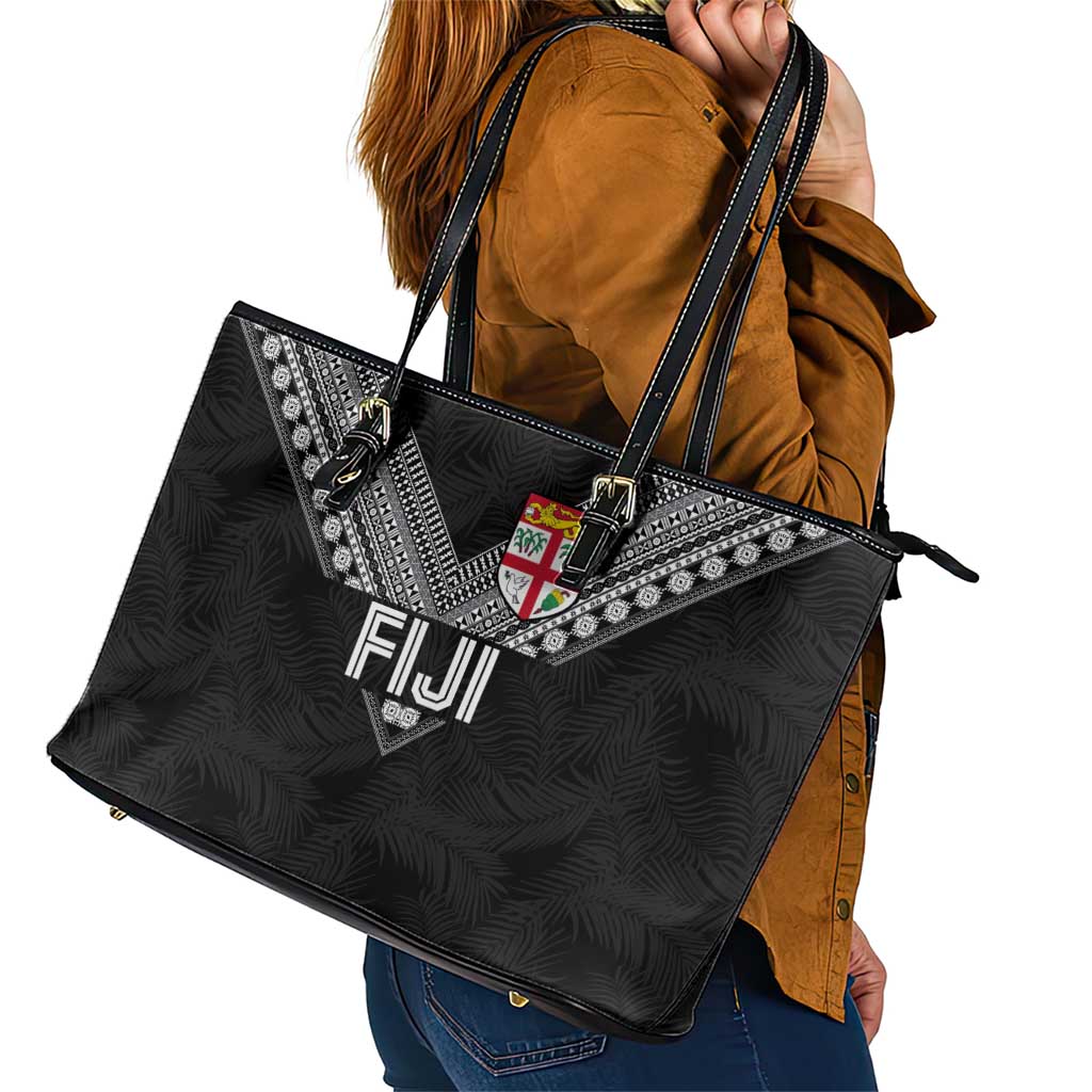Rugby Fiji Leather Tote Bag Fijian Masi Tribal Sporty Style Black Color LT03 - Polynesian Pride