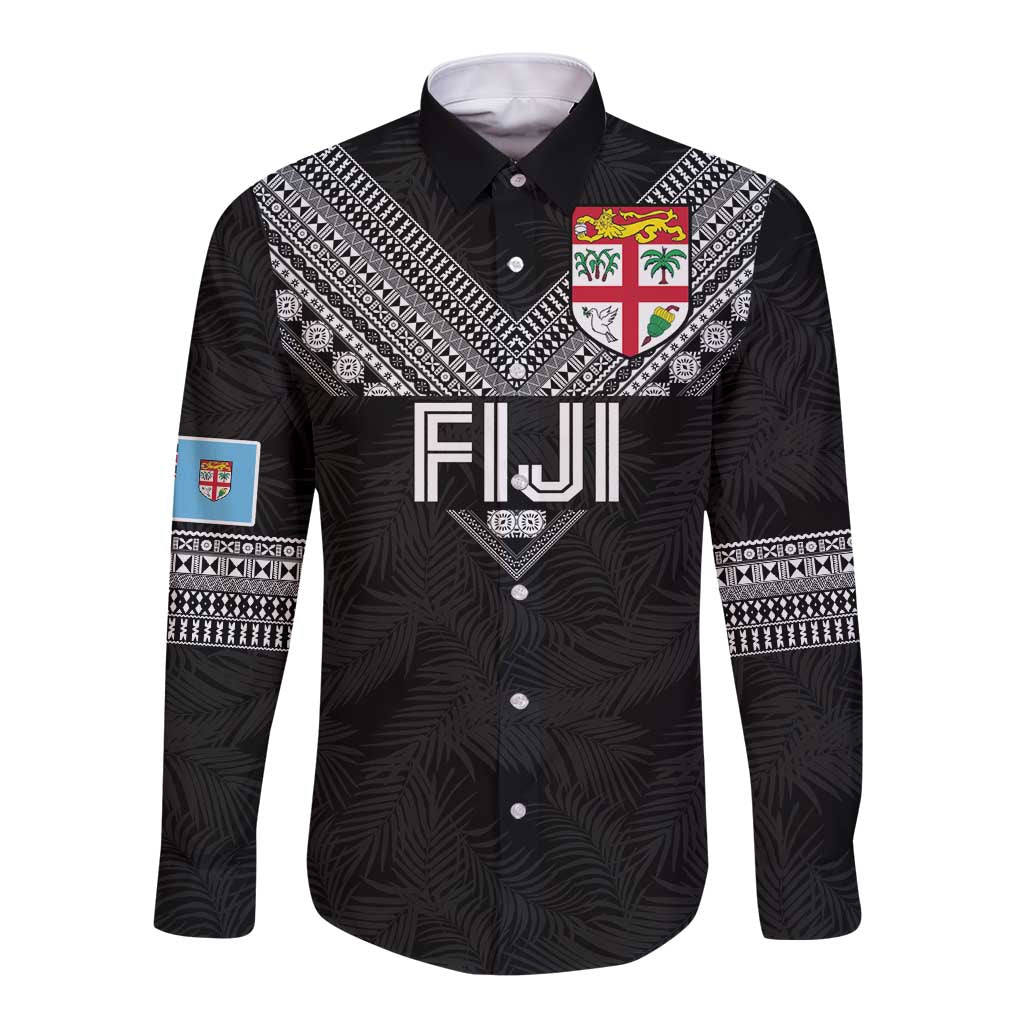 Custom Rugby Fiji Long Sleeve Button Shirt Fijian Masi Tribal Sporty Style Black Color - Polynesian Pride