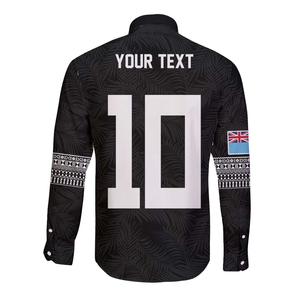 Custom Rugby Fiji Long Sleeve Button Shirt Fijian Masi Tribal Sporty Style Black Color - Polynesian Pride