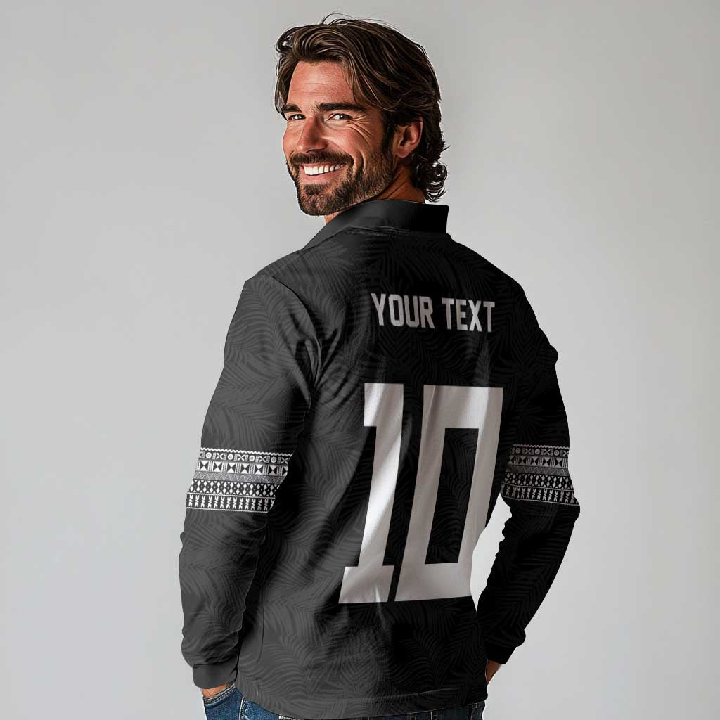 Custom Rugby Fiji Long Sleeve Polo Shirt Fijian Masi Tribal Sporty Style Black Color LT03 - Polynesian Pride