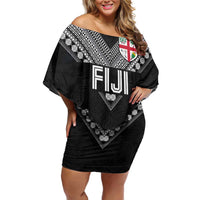 Custom Rugby Fiji Off Shoulder Short Dress Fijian Masi Tribal Sporty Style Black Color LT03 Women Black - Polynesian Pride