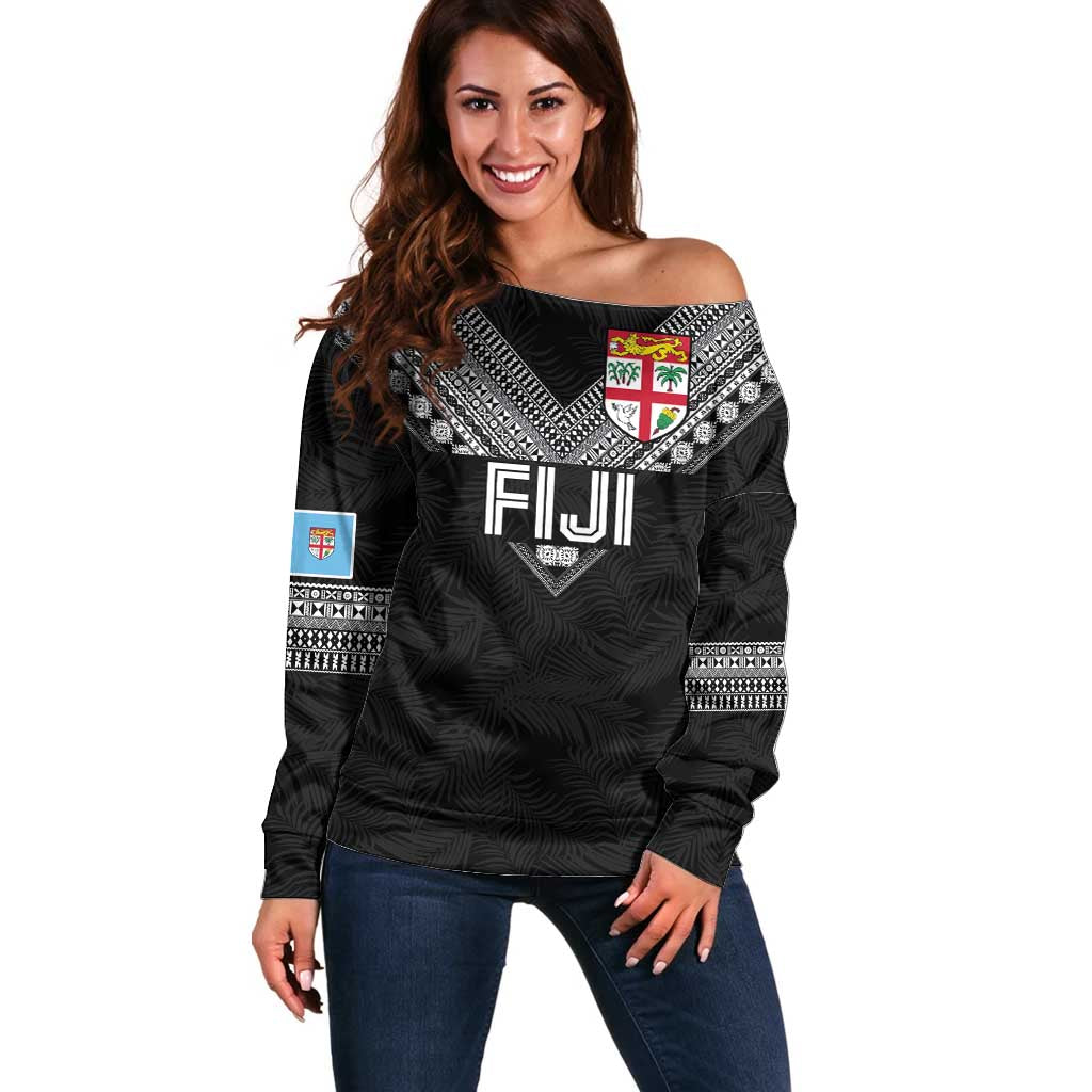 Custom Rugby Fiji Off Shoulder Sweater Fijian Masi Tribal Sporty Style Black Color LT03 Women Black - Polynesian Pride