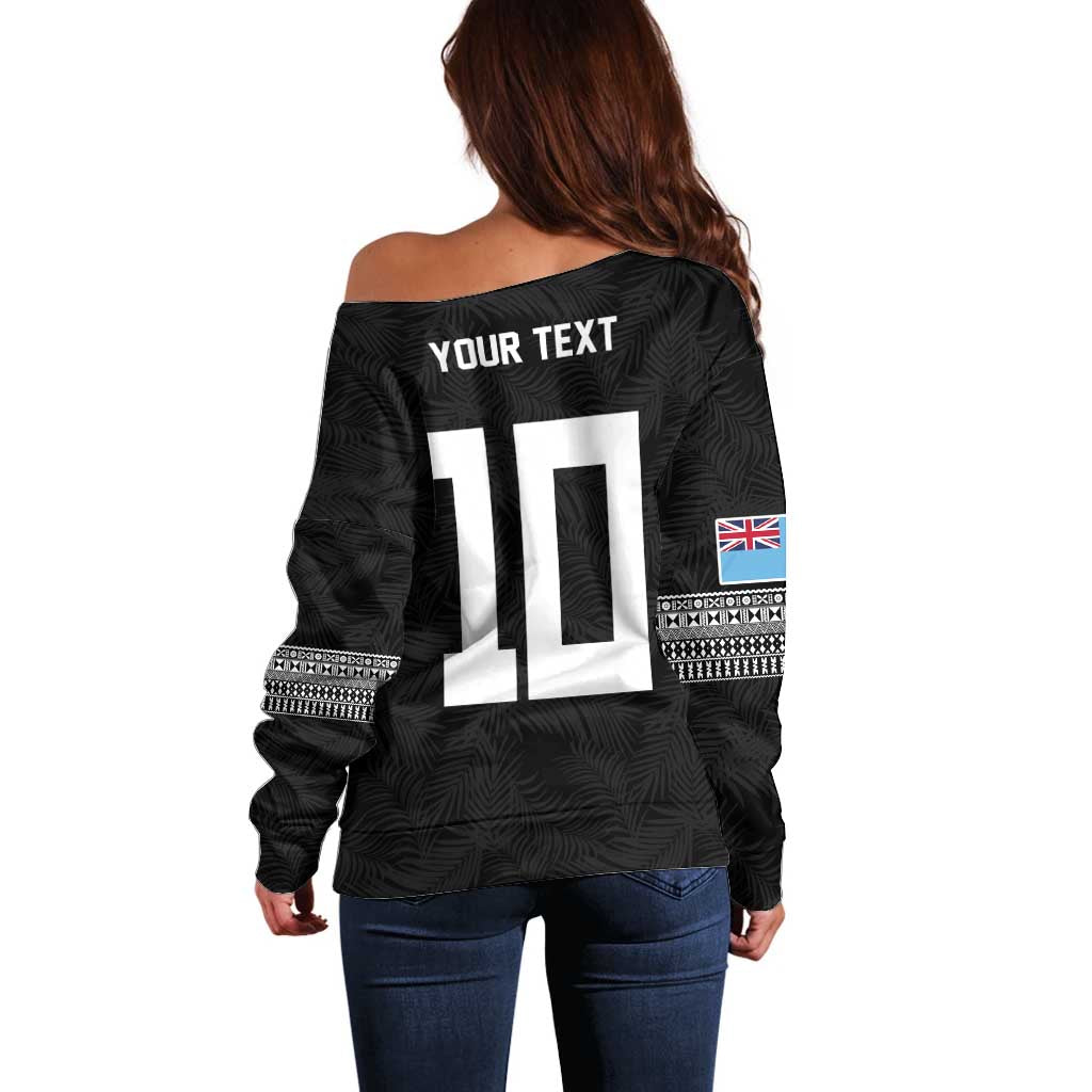 Custom Rugby Fiji Off Shoulder Sweater Fijian Masi Tribal Sporty Style Black Color LT03 - Polynesian Pride