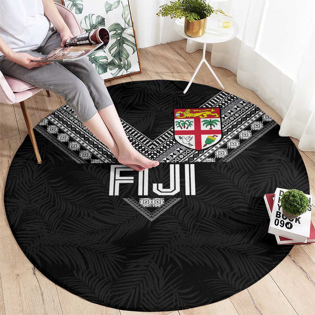 Rugby Fiji Round Carpet Fijian Masi Tribal Sporty Style Black Color LT03 - Polynesian Pride