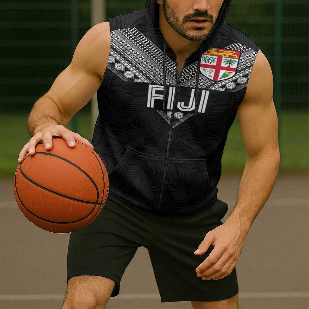 Custom Rugby Fiji Sleeveless Zip Hoodie Fijian Masi Tribal Sporty Style Black Color LT03 - Polynesian Pride