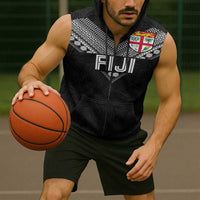 Custom Rugby Fiji Sleeveless Zip Hoodie Fijian Masi Tribal Sporty Style Black Color LT03 - Polynesian Pride