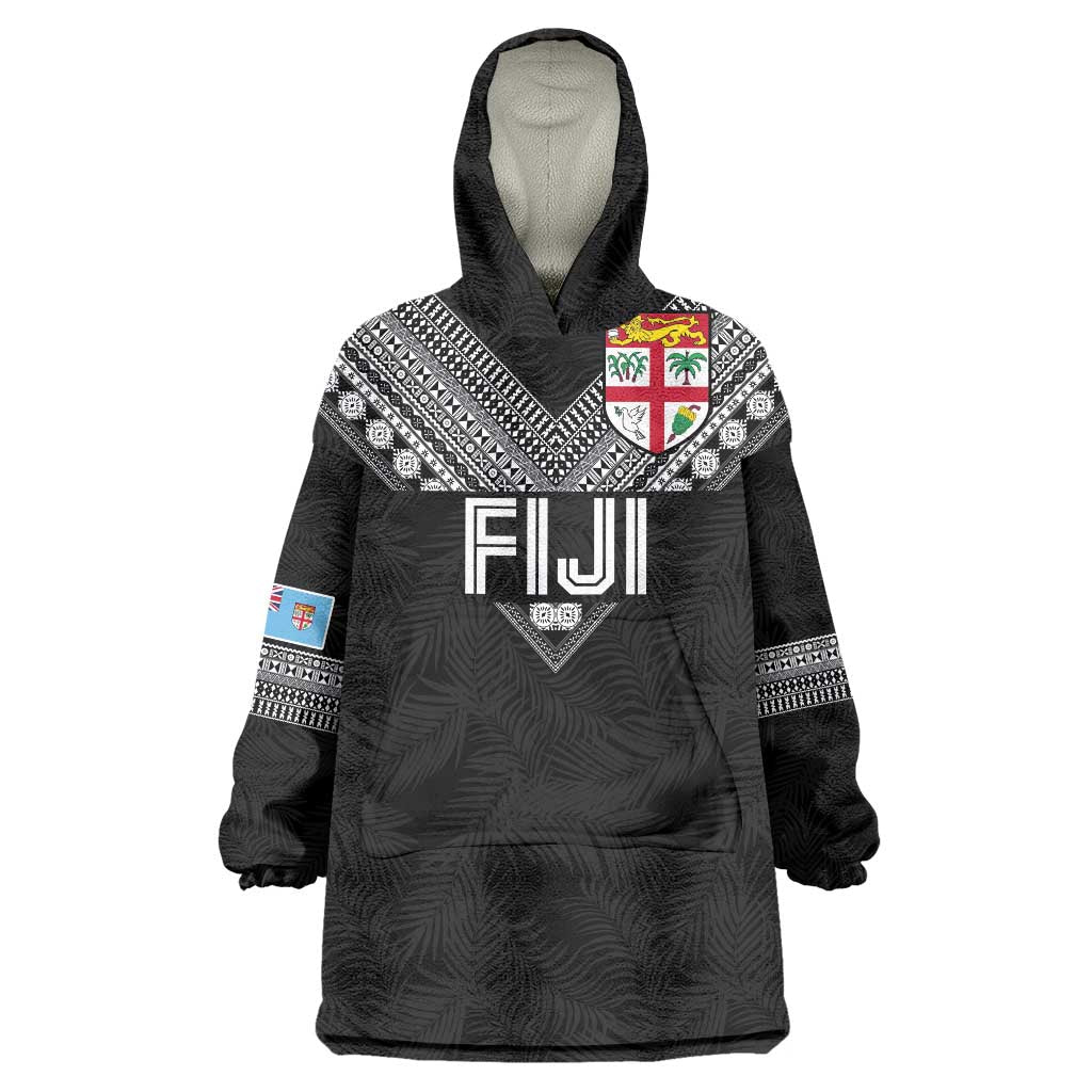 Custom Rugby Fiji Wearable Blanket Hoodie Fijian Masi Tribal Sporty Style Black Color - Polynesian Pride