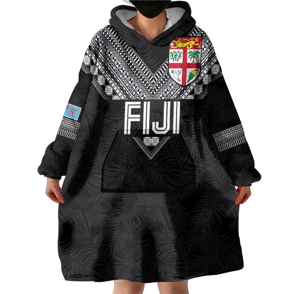 Custom Rugby Fiji Wearable Blanket Hoodie Fijian Masi Tribal Sporty Style Black Color LT03 - Polynesian Pride